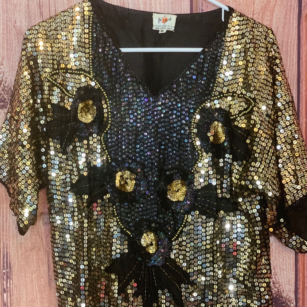 Gold sequin vintage silk blouse - Picture 1 of 6